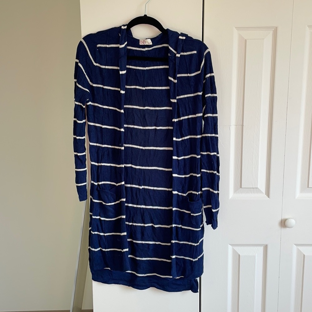 Long Blue and White Striped Open Cardigan
